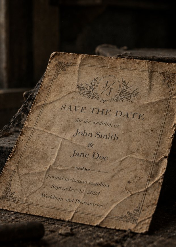A yellowed paper save-the-date, creased and gathering cobwebs in a forgotten corner